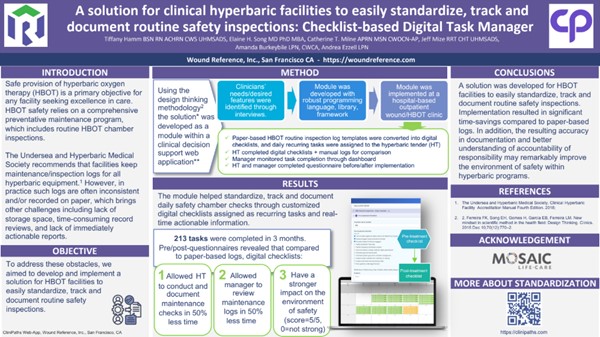 Digital Task Manager for HBOT routine safety inspections WoundReference poster on checklist-based digital tools improving HBOT safety inspections, presented at SAWC and WOCN 2023.